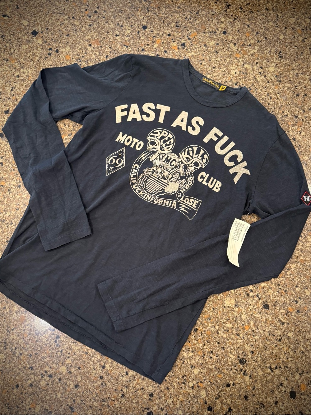Johnson Motors “FAST AS F*CK” vintage slub long-sleeve moto tee. NWT
